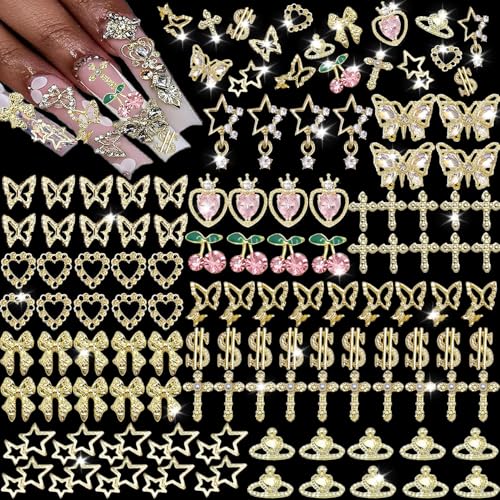 KACHIMOO 106 PCS Gold Nail Charms 3D Nail Art Charms Cherry Butterfly Cross Bow Star Heart Dollar 3D Nail Gems for Women Nail Art DIY Design
